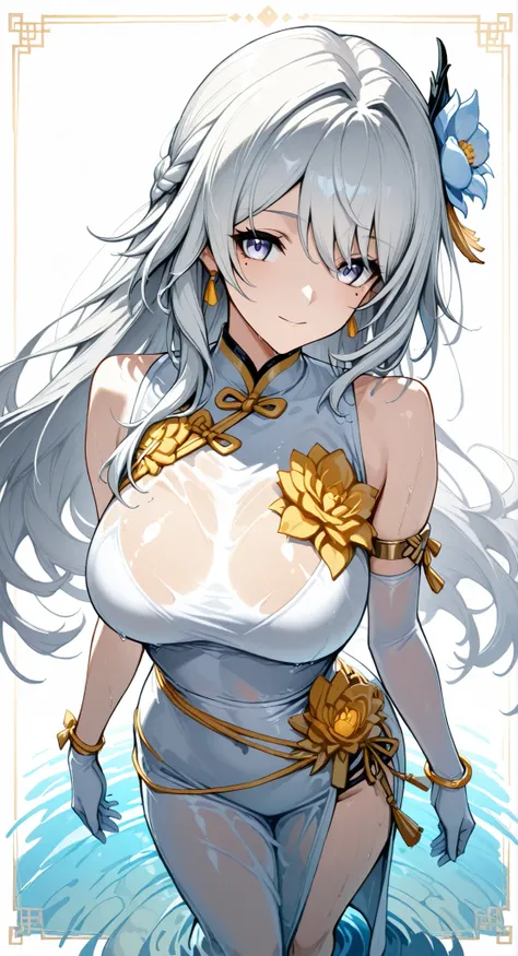 mole under eye、Armlet for left arm、bracelet for right wrist、sleeveless china ,anime girl Picture of a woman with long white hair and a flower in her hair, gray hairの deity, Anime Goddess, gray hairの, gray hairの lady, gray hair, Zodiac knight portrait girl ...