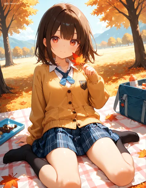 masterpiece, best quality, very aesthetic, 1girl,, picnic, wariza, autumn leaves, plaid skirt, cardigan