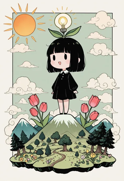 comical, chibi, solo, 1 girl, black medium hair with blunt bangs, solid oval eyes, open mouth, tulip blooming on head, standing, happy, spoken light bulb, sun, cloud, green mountain, tree,