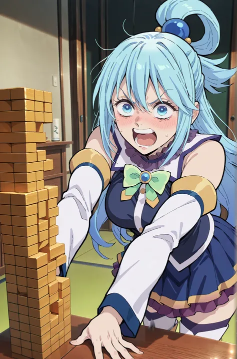 1girl, aqua_(konosuba),1girl, blue_footwear, blue_hair, blue_shirt, blue_skirt, boots, bottle, bow, bowtie, detached_sleeves, drunk, green_bow, green_bowtie, hair_rings, screaming,open mouth,crying with eyes open, ((angry, throwing jenga blocks, messy jeng...