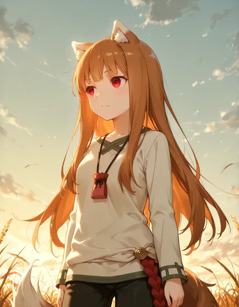 masterpiece, best quality, very aesthetic, 1girl,, holo, wolf ears, long hair, solo, red eyes, ginger hair, wolf tail,