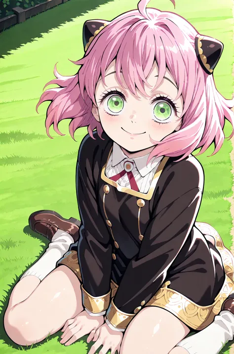1girl, solo, young, shiny skin, anya forger,ahoge,hairpods,bangs,green eyes,pink hair,hair ornament, eden academy school uniform, long sleeves, dress, ankle socks, loafers, floating hair, cowboy shot, wariza on grass ground, smile, looking at viewer, dayti...