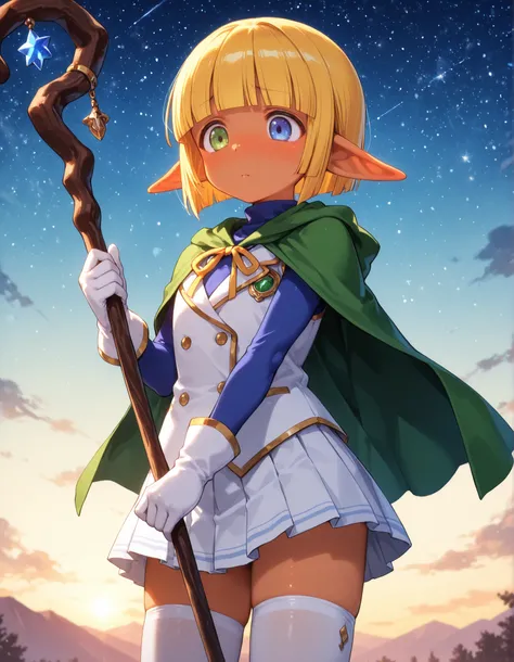 masterpiece, best quality, very aesthetic, 1boy,, solo, mare bello fiore, short hair, bangs, blue eyes, blonde hair, green eyes, pointy ears, blunt bangs, heterochromia, elf, otoko no ko, dark elf, anime screencap,, skirt, thighhighs, gloves, pleated skirt...