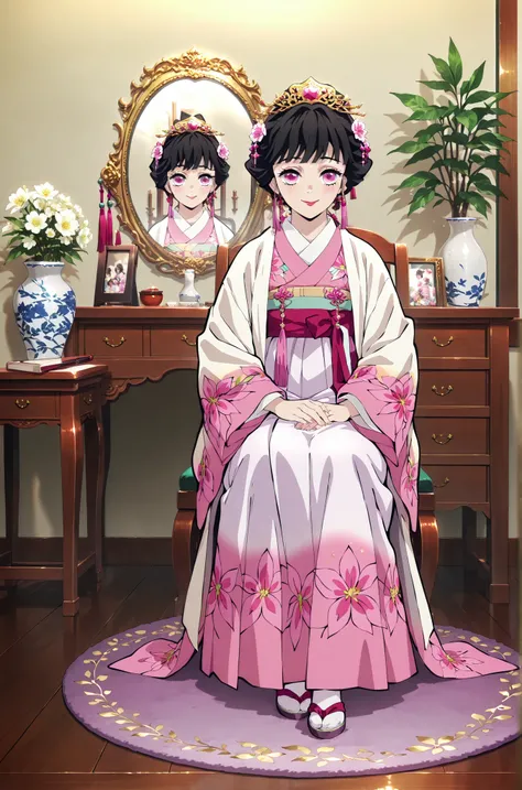 hand fan, 1girl, holding fan, solo, vase, hair ornament, flower, mirror, potted plant, hair flower, sitting, holding, indoors, plant, rug, japanese clothes, shelf, floral print, hand on lap, table, full body, hanfu, carpet, pink skirt, black hair, tassel, ...