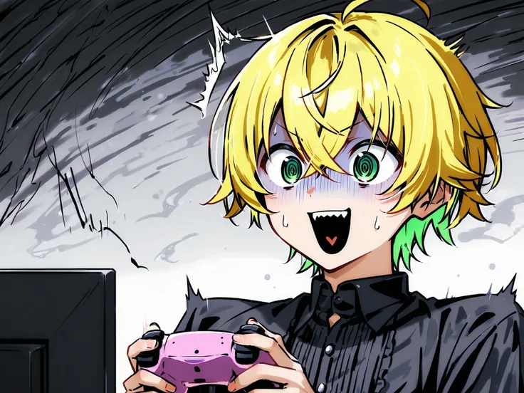 ((solo)), ((one boy)), short hair, blonde hair, green inner hair, green eyes, hollow eyes, (@_@), black shirt, collard shirt, ahoge, ((hairs between eyes, crossed bangs:1.3)), sharp tooth, white background, open mouth, ((surprised)), ((smile)), ((panicking...