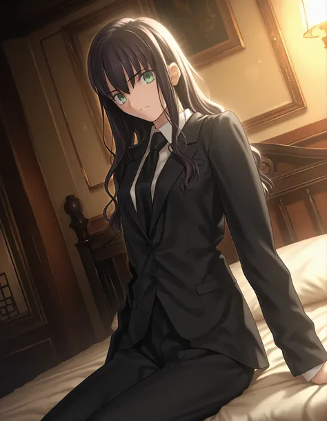 masterpiece, best quality, amazing quality, , 1girl, solo, mansion, looking at viewer, <lora:Fate_SNHA_style_ILL-v2:1> fatesnhastyle, game cg,fatevnstyle, ((cinematic light)), aqua marine green eyes, wavy hair ,black hair, hair down, , (detailed black su...