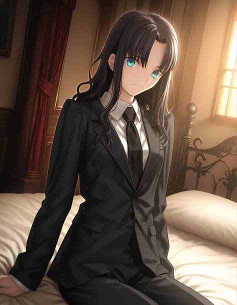 masterpiece, best quality, amazing quality, , 1girl, solo, mansion, looking at viewer, <lora:Fate_SNHA_style_ILL-v2:1> fatesnhastyle, game cg,fatevnstyle, ((cinematic light)), aqua marine eyes, wavy hair ,black hair, hair down, 8:2 parted bangs , (detail...