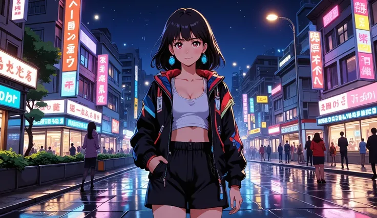 Anime style illustration of a stylish beautiful girl with headphones, walking through a lively neon-lit city street at night, grooving to funk jazz music, wearing a trendy jacket and mini skirt, dynamic pose, confident smile, vibrant colors, cinematic ligh...