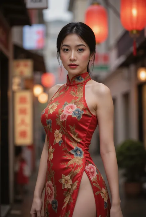 ChatGPT đã nói:
This image features a woman dressed in a luxurious red cheongsam, intricately adorned with gold and multicolored floral patterns. The high slit of the dress adds a modern twist to the otherwise traditional garment, allowing for a bold and e...