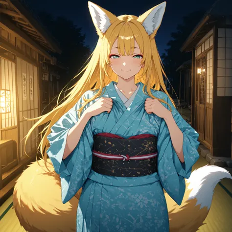 {{Woman in Japanese Kimono}},Blonde,LONG HAIR, ultra-aesthetic, anime style,at night,Shrine,kimono, smile,Human Male,fox_ears, blonde long hair, fox_tail,tatami room,{best quality}, {very aesthetic}, {ultra-detailed}, {best illustration}, nsfw, girl,{{ man...
