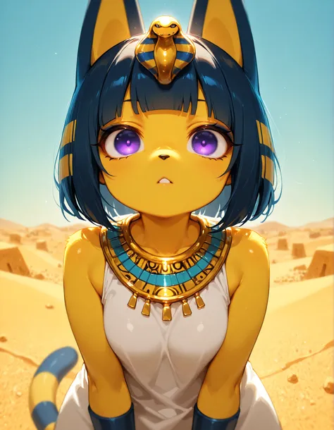 masterpiece, best quality, very aesthetic, 1girl,, depth of field, 1girl, furry, ankha \(animal crossing\), expressionless, eye reflection, yellow background, yellow theme, blue background, desert,, purple eyes, glowing eyes, wide-eyed, paw pose, looking a...