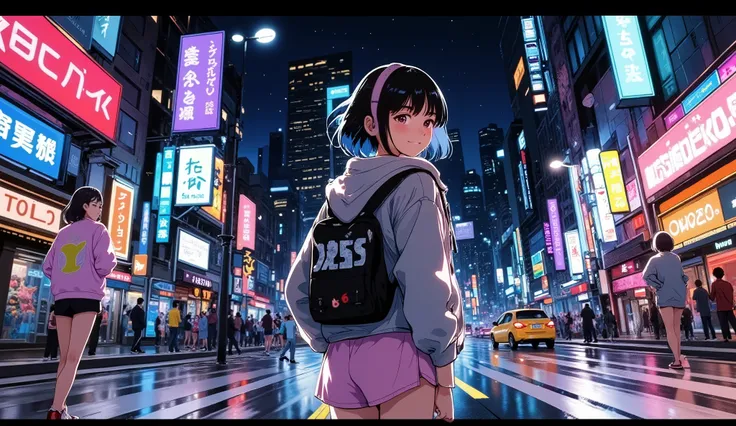 Anime style illustration of a stylish beautiful girl with headphones, walking through a lively neon-lit city street at night, grooving to funk jazz music, wearing a trendy jacket and mini skirt, dynamic pose, confident smile, vibrant colors, cinematic ligh...