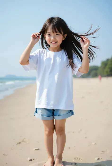 highest quality, masterpiece, 8k, highest resolution, very cute japanese girl, cutest girl in japan, very young, elementary school student, 8 years old, round face, white t-shirt, very long hair, strong wind blows long hair, denim shorts, very short pants,...