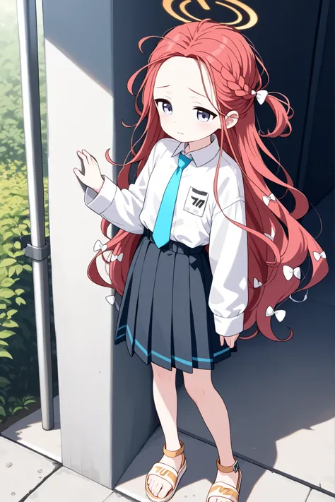 yuzu-default,
yuzu \(blue archive\),blue eyes,red hair, long hair,braid,one side up,halo,(white shirt,shirt tucked in:1.3),long sleeves,shirt sleeves,necktie,pleated skirt,sandals