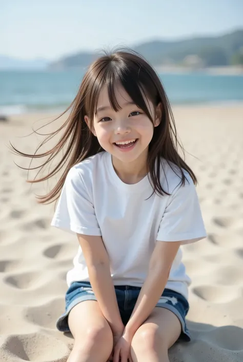 highest quality, masterpiece, 8k, highest resolution, very cute japanese girl, cutest girl in japan, very young, elementary school student, 8 years old, round face, white t-shirt, very long hair, strong wind blows long hair, denim shorts, very short pants,...