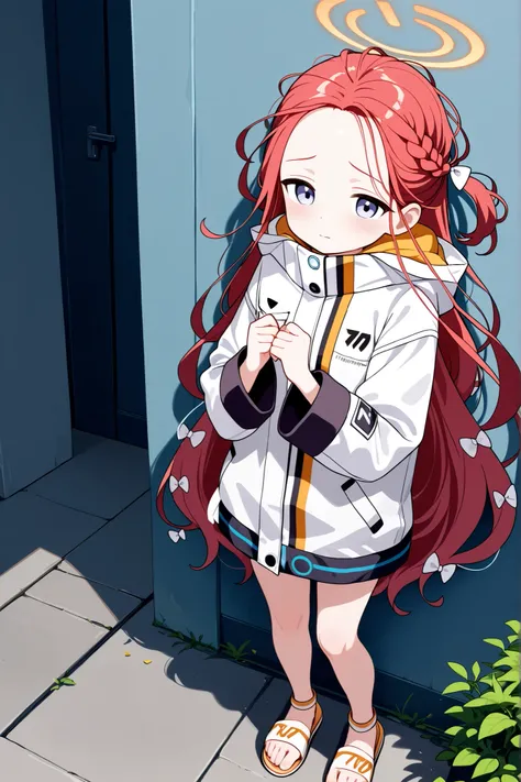 yuzu-default
yuzu \(blue archive\),blue eyes,red hair, long hair,braid,one side up,halo,multicolored jacket,sandals