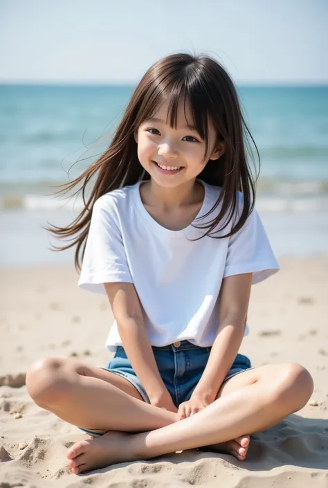 highest quality, masterpiece, 8k, highest resolution, very cute japanese girl, cutest girl in japan, very young, elementary school student, 8 years old, round face, white t-shirt, very long hair, strong wind blows long hair, denim shorts, very short pants,...