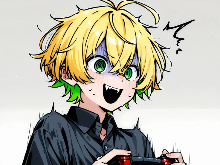((solo)), ((one boy)), short hair, blonde hair, green inner hair, green eyes, hollow eyes, (@_@), black shirt, collard shirt, ahoge, ((hairs between eyes, crossed bangs:1.3)), sharp tooth, white background, open mouth, ((surprised)), ((smile)), ((panicking...