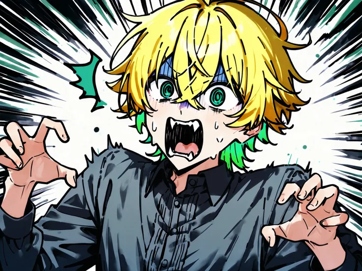 ((solo)), ((one boy)), short hair, blonde hair, green inner hair, green eyes, hollow eyes, (@_@), black shirt, collard shirt, ahoge, ((hairs between eyes, crossed bangs:1.3)), sharp tooth, white background, open mouth, ((surprised)), ((screaming)), ((panic...