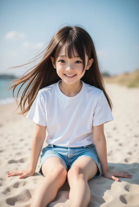 highest quality, masterpiece, 8k, highest resolution, very cute japanese girl, cutest girl in japan, very young, elementary school student, 8 years old, round face, white t-shirt, very long hair, strong wind blows long hair, denim shorts, very short pants,...
