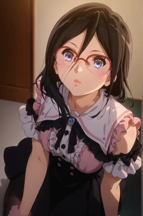 ((inspired by Asuka Tanaka:1.2)),(inspired by Kyoto Animation Style),(masterpiece, best quality),beautiful, beautiful-woman, ((detailed face)).(full body:1.3).,
((black hair)), glasses, blue eyes, long hair, over-rim eye-wear,cowboy shot, semi-rimless eye...