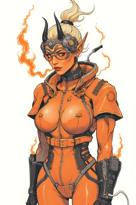 Kazmirozz Zechmiich, infernal engineer, demon woman, orange skin, small black horns, pale yellow topknot, fireproof, breathes fire, neurotic perfectionist, master crafter, sexy space suit, cleavage, standing, blank background