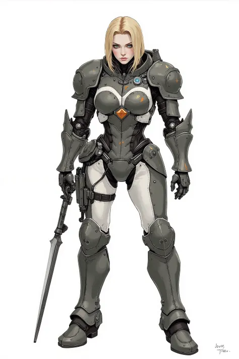 Luriketta 'Suto', armored woman, pale skin, asymmetrical blonde bobcut, bionic eyes, bionic leg, melee fighter, makeup, eyeshadow, cook, artist, psychopath, power armour, (cataphract armor style), sexy space suit, pinup, bulky armour, standing, blank backg...