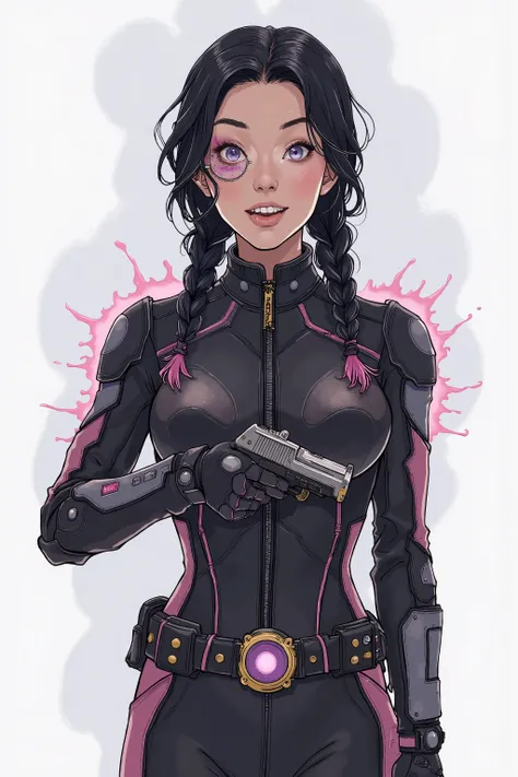MJ 'Scowl' Volkov, beautiful woman, braided black hair, pigtails, bionic eye, joyful, pink highlights, void fascination, social, shooter, animal handler, sexy black space suit, cameltoe, standing, blank background