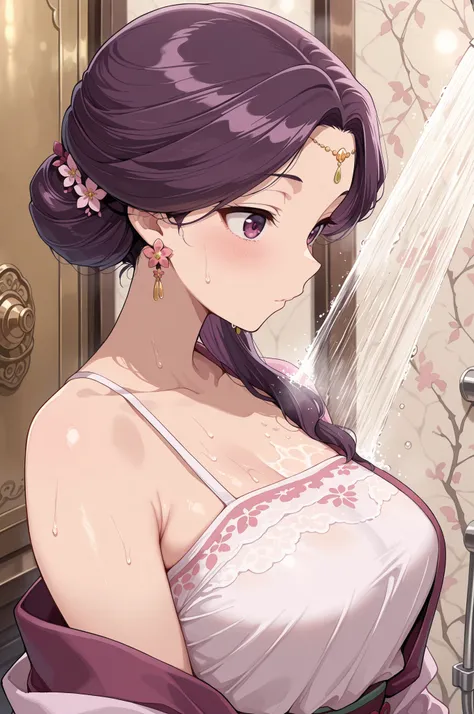 masterpiece, best quality, amazing quality, very aesthetic, intricate details, highly detailed background, 1girl, solo, 
 KJOyinghua, purple hair, purple eyes, hair flower, updo, earrings, hair over shoulder, yellow forehead jewelry.
Taking shower 