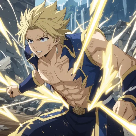 StingFT,sting eucliffe-1male focus, battle stance, ripped clothes, golden magical aura around him, intense look, blonde_sting eucliffe_hair glowing, brown_sting eucliffe_single scar, blue_sting eucliffe_eyes shining with power, light yellow_sting eucliffe_...