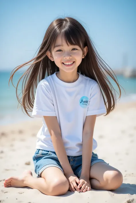highest quality, masterpiece, 8k, highest resolution, very cute japanese girl, cutest girl in japan, very young, elementary school student, 8 years old, round face, white t-shirt, sleeveless, very long hair, strong wind blows long hair, denim shorts, very ...