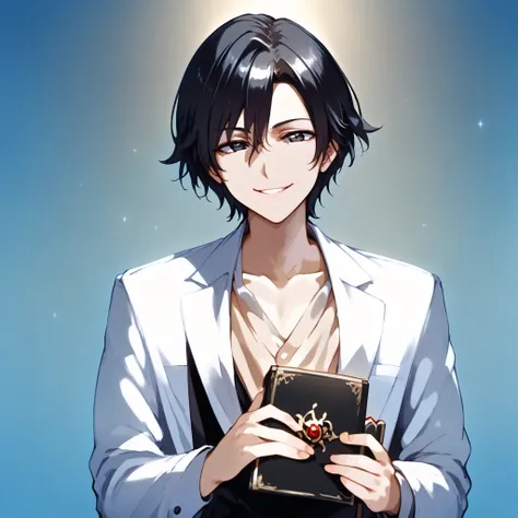 A 30-year-old boy, wearing beautiful formal clothes, has smooth pale white skin, four completely black, sharp and soft eyes, a slight smile and a neutral, sly look on his face. He has somewhat long, soft black hair, holding a black book in his hand.