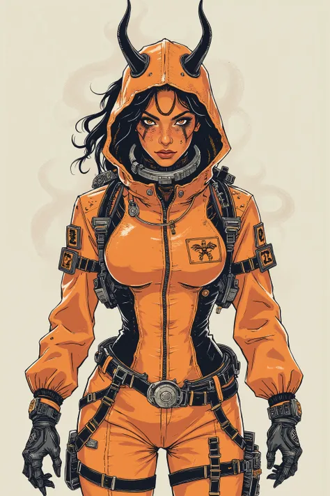 Nonove Vzrat, infernal engineer, demon woman, orange skin, small black horns, soot-smeared face, rugged and sharp-eyed, cave explorer, miner and field medic, heat-resistant jumpsuit, sexy space suit, cleavage, standing, blank background