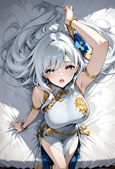 mole under eye、Armlet for left arm、bracelet for right wrist、sleeveless china ,anime girl Picture of a woman with long white hair and a flower in her hair, gray hairの deity, Anime Goddess, gray hairの, gray hairの lady, gray hair, Zodiac Knight Portrait, Hais...