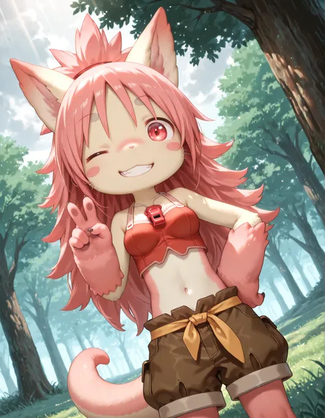 masterpiece, best quality, amazing quality, very aesthetic, absurdres, 1girl, solo, no headwear,
miabyss, mitty \(made in abyss\) \(furry\), \(made in abyss\), narehate, furry body, human face, pink hair, spiked hair, long hair, red eyes, medium breasts...