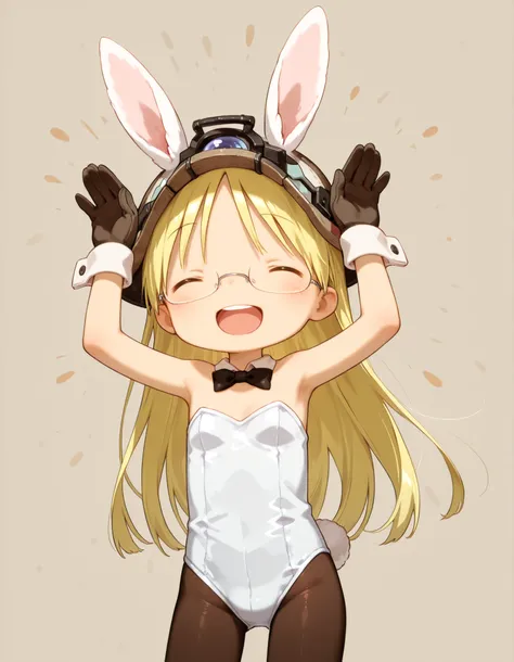 miabyss,, made in abyss,, solo, riko \(made in abyss\), akihito style,(best quality, detailed, masterpiece), long hair, glasses, closed eyes, smile, :D, teeth, bangs, gloves, bright colors, simple background, bunny girl costume, rabbit pose, arms up, stan...