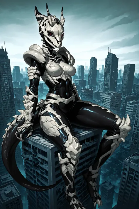 Reptilian girl. Kaiju. Monster X. Black bodysuit. Dinosaur skeleton mask. Black eyes. Red pupils. Horn on the forehead. White bone armor. Shoulder armor. Sharp claws. Slender body. Thighs. Tail. Sitting on a building. Asymmetrically posed legs. A city in t...