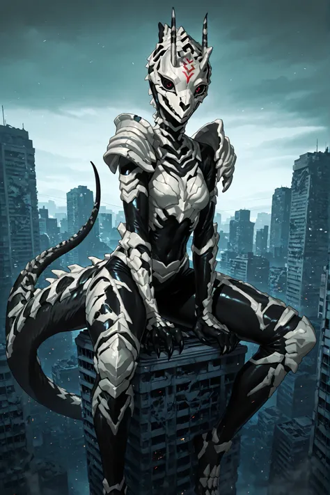 Reptilian girl. Kaiju. Monster X. Black bodysuit. Dinosaur skeleton mask. Black eyes. Red pupils. Horn on the forehead. White bone armor. Shoulder armor. Sharp claws. Slender body. Thighs. Tail. Sitting on a building. Asymmetrically posed legs. A city in t...