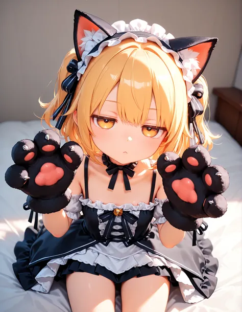 masterpiece, best quality, very aesthetic, 1girl, jitome, half-closed eyes, cat ear hairband, sleeve ribbon, overskirt, fluffy, cat paws, paw gloves, claw pose, ribbon, frilled bow, frilled hairband, 3d,