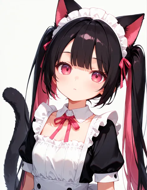 1 girl, long straight twin tails, dark pink, black inner color, black cat ears and cat tail, upper body only, maid clothes, white, fluffy,
