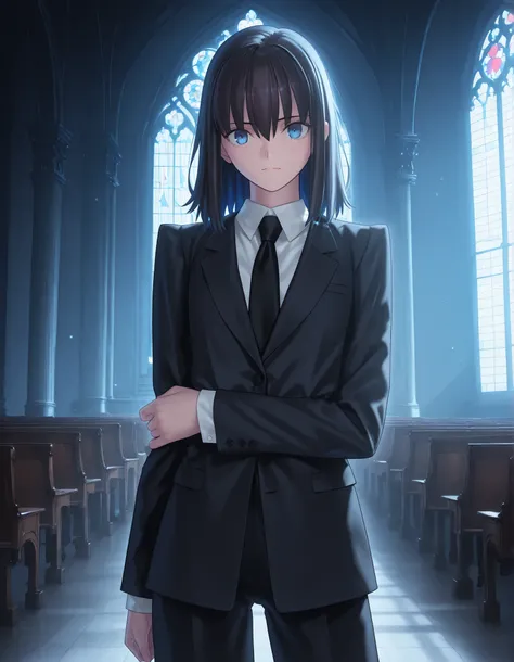 masterpiece, best quality, amazing quality, , 1girl, solo, ((church)), looking at viewer, <lora:Fate_SNHA_style_ILL-v2:1> fatesnhastyle, game cg,fatevnstyle, ((cinematic light)),((beautiful marine blue eyes)), (slit pupil), wavy hair ,black hair, hair dow...