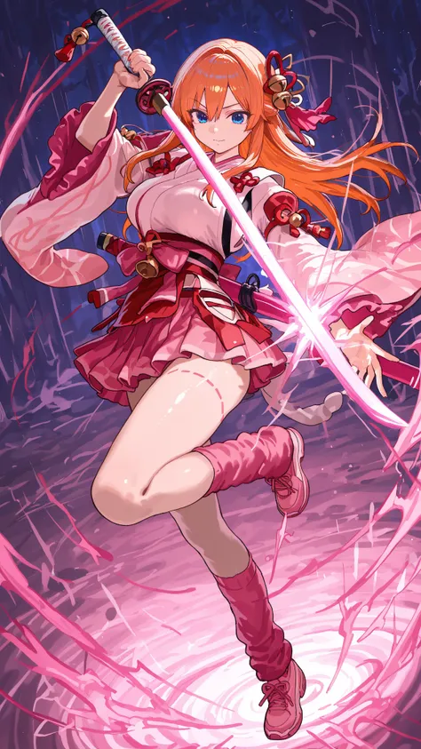 8k Resolution, Anime Color,Solid paint style, 1st person\(Kikutsuki Asuka\), 1st person is orange long hair, 1st person is blue eyes, 1st person is busty and curby and bangs between eyes, 1st person tops is pink tops, sleeve is pink 3 layered frill bell sleeve, bottoms is red checked mini skirt and pink leg warmer and pink shoes, full body, 1st person has two katana, Pose with a sense of dynamism, plasma-like light, Spiraling Energy,  the moment of impact ,,  kamehameha wave,  Spiraling Energy, full body, 