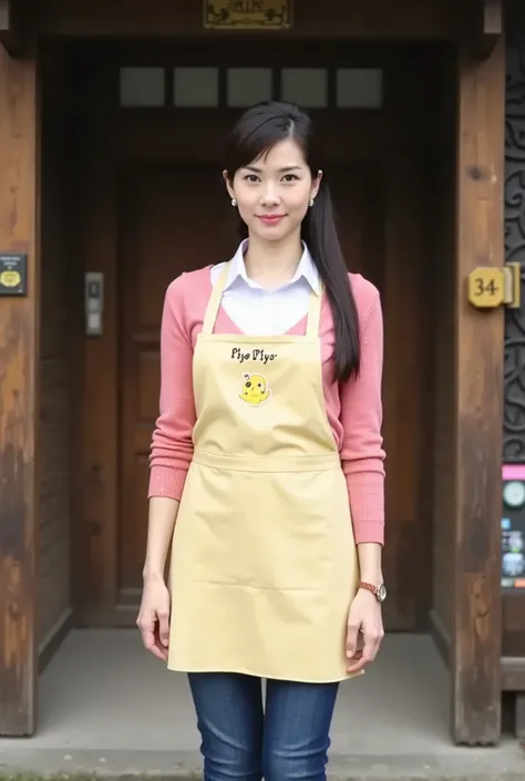 A high resolution photograph of a Japanese adult woman.
She has medium breasts and flawless porcelain-white skin.
Her hairstyle is straight long black hair in a ponytail with hair scrunchie.
She wears a pink sweater, a white collared shirt, 
a lite-yellow ...