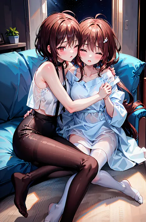 Couple in their 20s、 male1名, woman1 name、unisex light clothing、kissing、glamorous atmosphere、Saliva outflow、Woman(Medium length brown hair )close ~ eye、Sweet Sigh、 male(dark haired、place your right hand on a woman's cheek)tightly close your eye、With backgr...