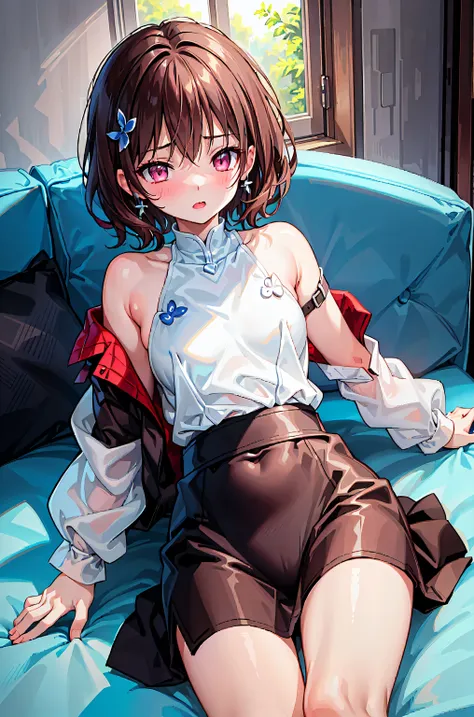 Couple in their 20s、 male1名, woman1 name、unisex light clothing、kissing、glamorous atmosphere、Saliva outflow、Woman(Medium length brown hair )close ~ eye、Sweet Sigh、 male(dark haired、place your right hand on a woman's cheek)tightly close your eye、With backgr...