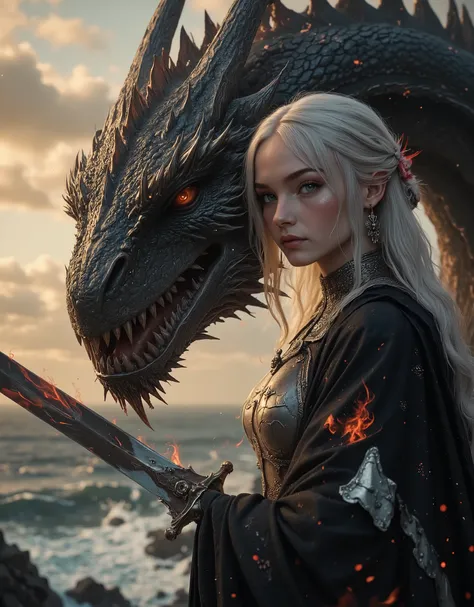 score_9, score_8_up, score_7_up, ( UHD, 8K, 16K, ultra detailed),((hyper-realistic)), (side view), dawn, coastline, 1 female knight and 1 dragon,  (silver armor), (tattered black cloak), (detailed face),(beautiful face), The female knight attacks the ((unf...