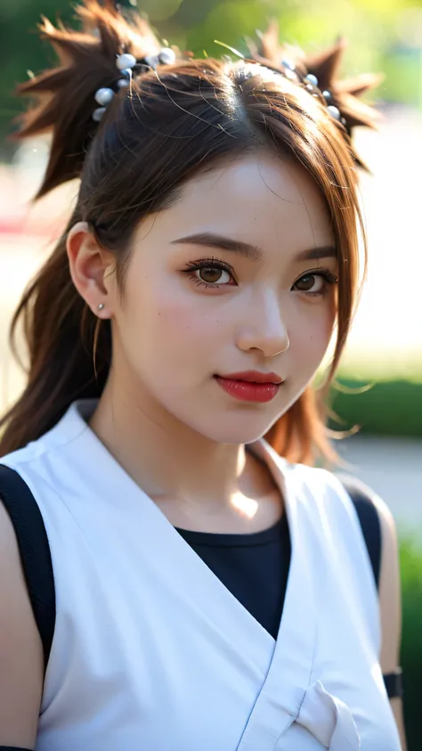 Chocho Akimichi from Boruto: Naruto Next Generations, ultra realistic portrait, beautiful teenage girl with a confident and friendly smile, warm brown eyes, full red lips, smooth caramel skin, long wavy brown hair with soft highlights tied in two ponytails...