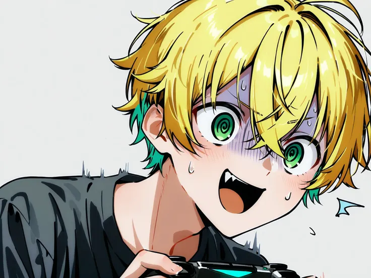 ((solo)), ((one boy)), short hair, blonde hair, green inner hair, green eyes, hollow eyes, (@_@), black shirt, collard shirt, ahoge, ((hairs between eyes, crossed bangs:1.3)), sharp tooth, white background, open mouth, ((surprised)), ((smile)), ((panicking...