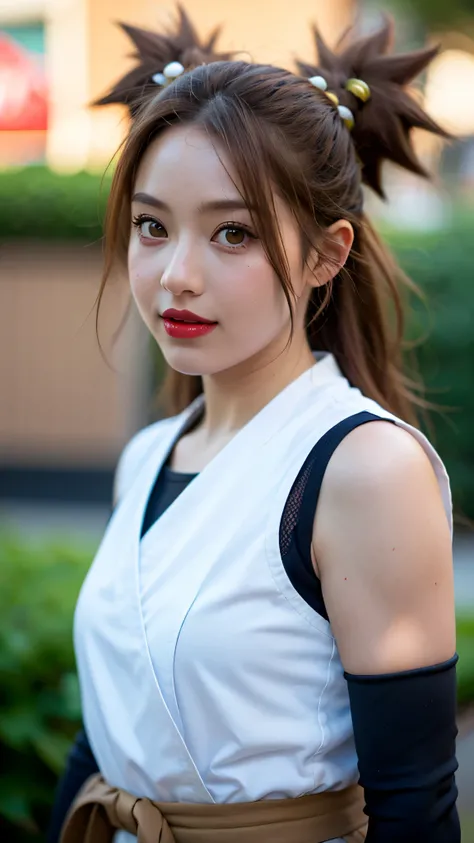 Chocho Akimichi from Boruto: Naruto Next Generations, ultra realistic portrait, beautiful teenage girl with a confident and friendly smile, warm brown eyes, full red lips, smooth caramel skin, long wavy brown hair with soft highlights tied in two ponytails...