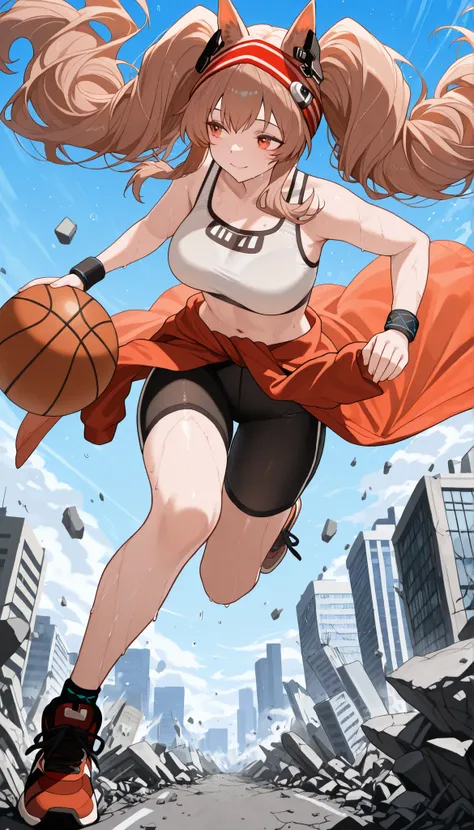 1girl, solo, (giantess:1.4), microcity, angelina_arknights, Ang_Spt, sports bra, white sports bra, orange clothes around waist, bike shorts, black shorts, headband, very long hair, fullbody, dynamic pose, Scattering Cities, Urban rubble being kicked up in ...